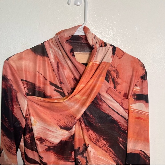 New York & Co Wrap Neck Blouse Orange Pink Marble S - Picture 2 of 10